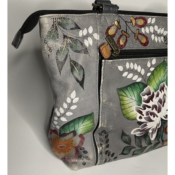ANUSCHKA Handbag Garden of Eden Grey Floral Purse Tote Hand Painted Leather - Picture 10 of 14